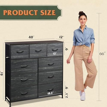 WLIVE Tall Dresser for Bedroom, 9 Drawer Chest of Drawers, Black Wood Grain