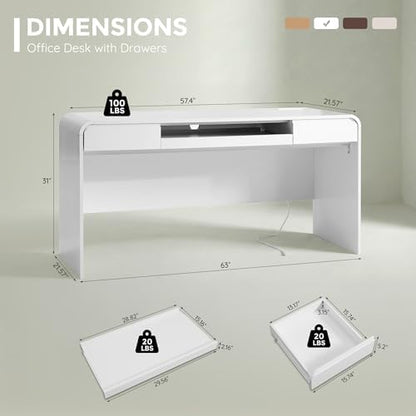 63" Modern Computer Desk with 2 Drawers, Wood Curved (White)