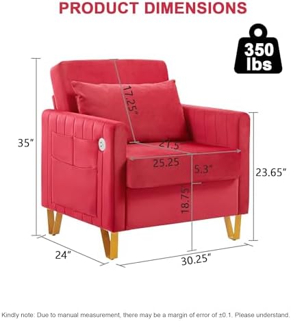 Accent Chair Set of 2 Modern Velvet Accent Chair with USB Port and Storage Comfy Reading Chair Armchair with Throw Pillow for Living Room Apartment Office (Rose Red)