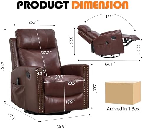 Genuine Leather Swivel Rocker Recliner Chair for Adults, Manual Glider Rocking Chair for Nursery with Vibration Massage & Lumbar Heat, Rivet Design Single Sofa for Living Room, Burgundy Red