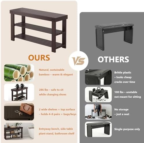 NEWBULIG Shoe Rack Bench, 3-Tier Bamboo Organizer, 11x36x18in, Brown
