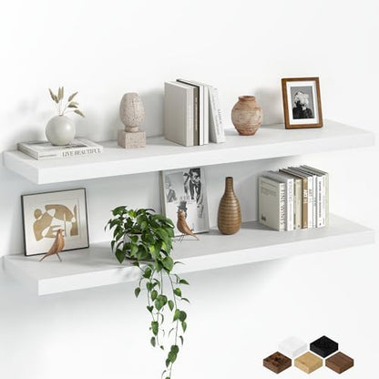 Floating Shelves for Wall, 40 Inch Long Set of 2 Rustic Wood Wall Shelves with Invisible Brackets, Heavy Duty Storage Display for Living Room Bedroom Kitchen, White