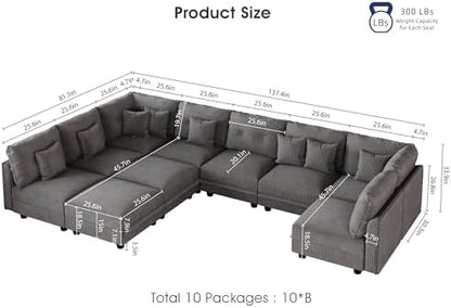LLappuil 10 Seater Sectional Sofa with Storage, U Shaped Corduroy Modular Couch with 10 Throw Pillows, Convertible Pet-Friendly Sofas for Living Room & Large Space, Reconfigurable, Grey