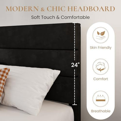 SHA CERLIN Twin Platform Bed Frame with Upholstered Velvet Headboard, Black