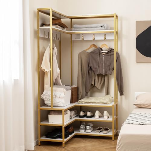 GIANTEX Corner Coat Rack, L-Shaped Hall Tree with Bench and Shoe Storage