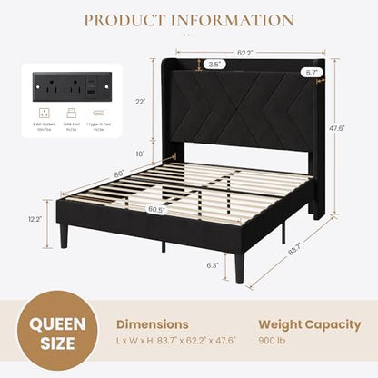 SHA CERLIN Queen Bed Frame, Velvet Upholstered Platform Bed Frame with Wingback Storage Headboard & Charging Station, Geometric Tufted Design, No Box Spring Needed, Easy Assembly, Black