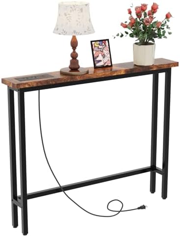VINGLI 39" Console Table with Power Outlet, Narrow Sofa Table, Rustic Brown