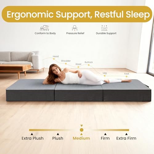 Tri Folding Mattress Full Size - 6 Inch Dual-Layer Memory Foam Foldable Mattress Portable Futon Sofa Bed with Removable Washable Cover, Handle & Non-Slip Bottom for Guest, Camping, RV, Yoga, Home Use