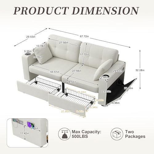YOPTO 68" 2-seat Sofa, USB Charging, Storage & Cup Holders, Chenille, Beige
