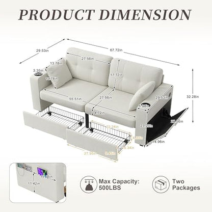 YOPTO 68" 2-seat Sofa, USB Charging, Storage & Cup Holders, Chenille, Beige