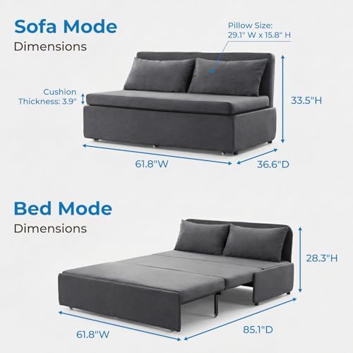 Mjkone Queen Pull Out Sofa Bed, 62" W Sleeper Couch Beds, 2-in-1 Modern Convertible Linen Sofas Sleeper Pull Out Sofa Couch Bed with Mattress & Pillows for Guest Room Bedroom Small Space, Dark Grey