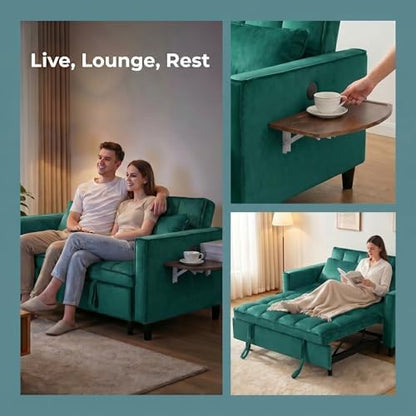 4 in 1 Convertible Sofa Bed, Pull Out Couch with Adjustable Backrest, Loveseat Sleeper Sofa Bed with USB Ports and Side Table, Couch Beds for Living Room, Bedroom, Apartment, Green