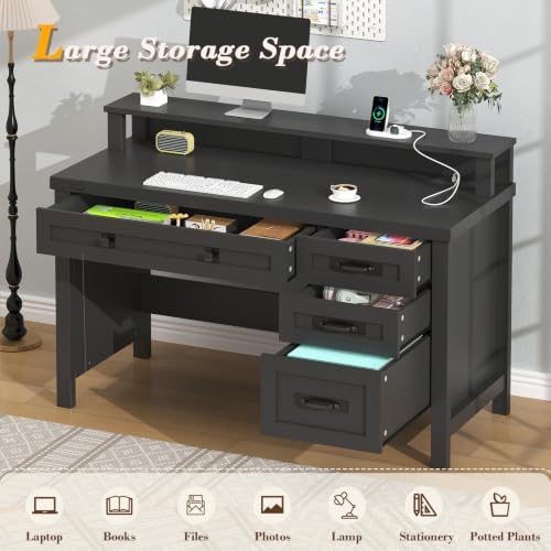 47" Farmhouse Computer Desk with Drawers & Outlets for Home Office, Bedroom