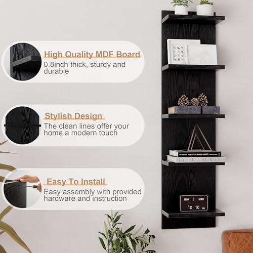 5 Tier Black Floating Wall Shelf, Vertical Storage Tower, 1-Pack
