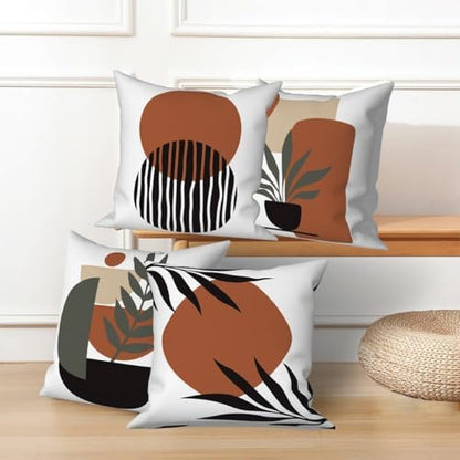 Bohemian Abstract Throw Pillow Covers 20"x20" Set of 4, Boho Minimalist Geometric Sunset Leaves Cushion Cover for Sofa Chair Couch Bed Office Garden Patio Farmhouse Indoor Outdoor