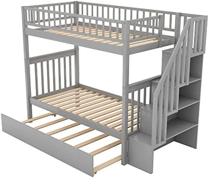 Twin Over Twin Bunk Beds with Staircase and Trundle Bed, No Box Spring Needed for Teens, Boys or Girls