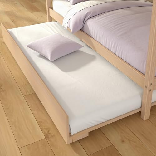 Grain & Grove Bear Twin Over Twin Bunk Bed with Trundle Bed, Sturdy Bunk Bed Frame for Kids, Plywood Bunk with Ladder, Guardrail, and Slats, No Box Spring Required, Oak Embossed Natural