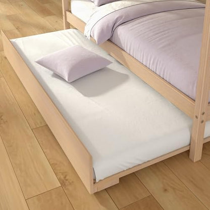 Grain & Grove Bear Twin Over Twin Bunk Bed with Trundle Bed, Sturdy Bunk Bed Frame for Kids, Plywood Bunk with Ladder, Guardrail, and Slats, No Box Spring Required, Oak Embossed Natural