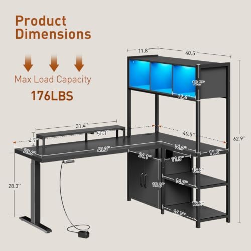 RALGEND 55'' L Shaped Standing Gaming Desk, LED Sit Stand Desk with Storage