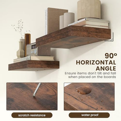 FLYJOE Deep Floating Shelves, 24'' x 12'' Brown Shelves for Wall Set of 2