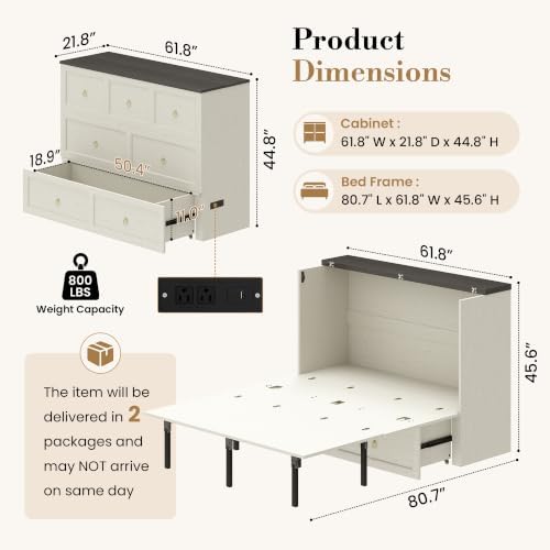 Queen Murphy Bed with Hidden Storage, Farmhouse Cabinet Bed with Storage Drawer, RGB LED Lights & Charging Station, Space-Saving Wall Bed with 6 Metal Legs, White