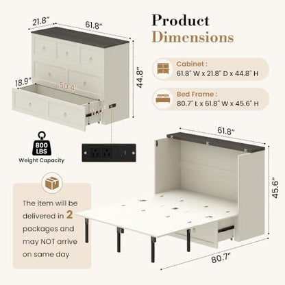 Queen Murphy Bed with Hidden Storage, Farmhouse Cabinet Bed with Storage Drawer, RGB LED Lights & Charging Station, Space-Saving Wall Bed with 6 Metal Legs, White