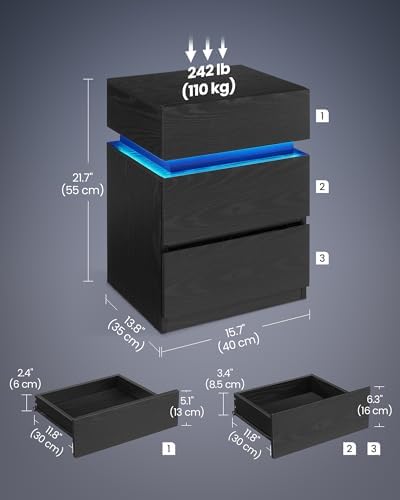 VASAGLE LED Nightstand with Charging Station, Set of 2, 3 Drawers