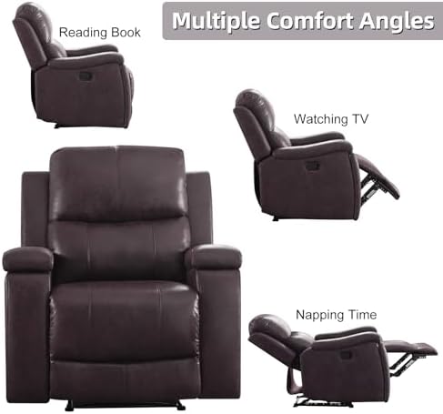 CANMOV Manual Recliner Chair, Classic Faux Leather Recliner Chair with Overstuffed Arms and Back, Manual Single Sofa with Concealed Cup Holders, Dark Brown
