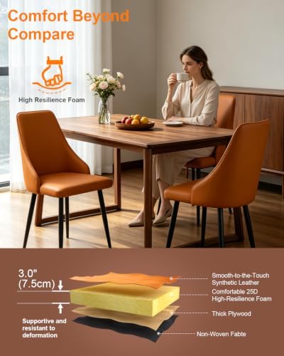 Orange Leather High Back Dining Chairs Set of 2