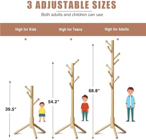8-Hook Freestanding Coat Rack 3 Heights Safe Round Tips Nature