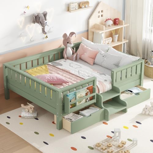 Bellemave Full Size Bed Frame with Storage Drawers & Bookshelf, Low Profile Kids Bed with Staircase & Full Length Guardrails, Solid Wood Full Size Bed Frame Kids with Slats Load 550 LBS, Green