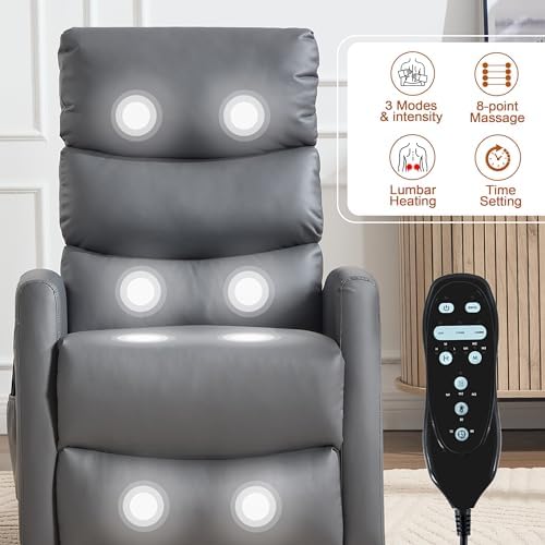 Luxlen Manual Swivel Rocker Recliner Chair with Massage, Overstuffed Recliner Glider with Vibration Massage and Heat for Nursery, Living Room Reclining Sofa Chair, PU Leather Gray