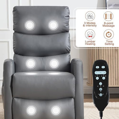 Luxlen Manual Swivel Rocker Recliner Chair with Massage, Overstuffed Recliner Glider with Vibration Massage and Heat for Nursery, Living Room Reclining Sofa Chair, PU Leather Gray
