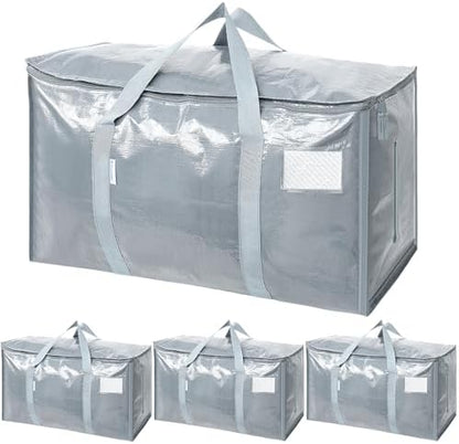 TICONN 4 Pack Extra Large Moving Bags Heavy Duty with Zippers & Carrying Handles, Durable Storage Bags Moving Boxes for Closet Organizers and Storage (4 Pack, Light Grey)