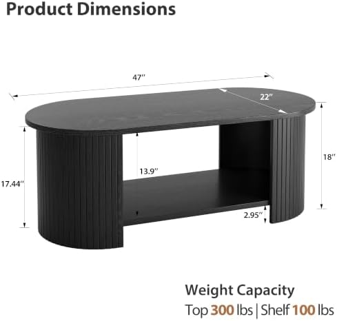 47" Oval Fluted Coffee Table, 2-Tier Center Table with Large Storage, Mid-Century Modern Wood Coffee Table for Living Room, Home Office, Small Space, Black