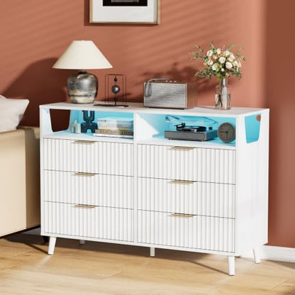 VINGLI Fluted White Dresser, Led Dresser 6 Drawer, White Wood Bedroom Dressers TV Stand, Modern, 47" W*15.75" D*33" H