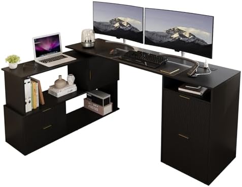 L-Shaped Desk with Drawers & Power Outlet, 180 Rotating Corner Computer Desk with Storage, 66 Inch Office Desk with 5-Drawer, Space-Saving Modern L-Shaped Workstation, Black