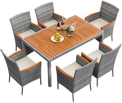 Flamaker Patio Dining Set for 6 Outdoor Acacia Wood Table and Chairs, Gray