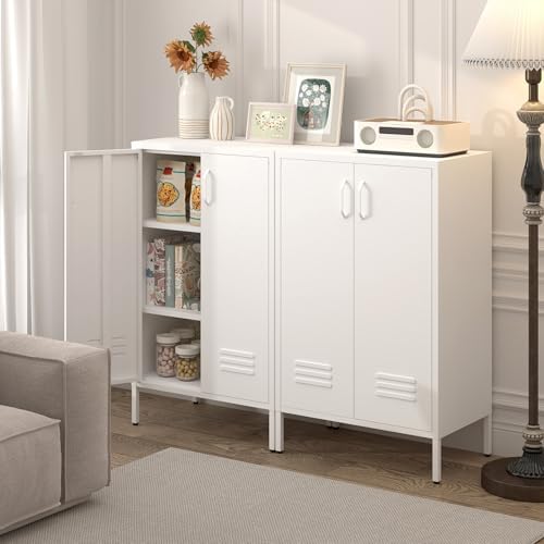 IRONFFICE Metal Cabinet Storage,Metal Cabinet with Doors and Shelves,2 Door Storage Cabinet for Living Room,Office,White