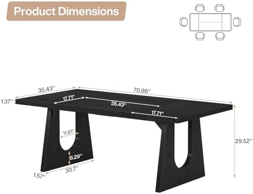 Tribesigns Large Dining Table for 6-8 People, 70.9-Inch Wood Rustic Rectangular Table with Black Wooden Legs, Farmhouse Center Kitchen Table for Dining Room, Living Room, Home Furniture, Black