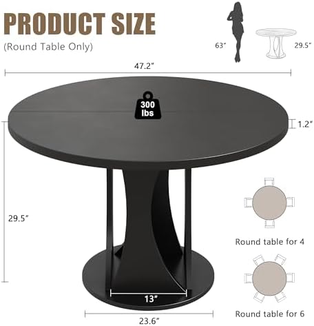 Round Dining Table for 4-6, Kitchen Table with Sturdy Double Arc & Rounded Base & Backboard Clasp Desktop, Mid-Century Modern Circle Dinner Table for Dining Living Room, Space Saving, Black