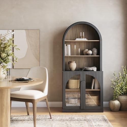 BELLEZE Arched Bookshelf with Glass Doors, 71" Tall Wood Display Cabinet with Adjustable Shelf and Hutch, 5 Tier Modern Bookcase Shelf with Storage for Living Room Office, Ebony