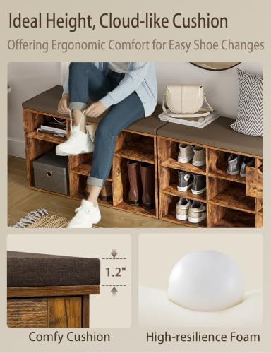 Shoe Storage Bench with Cushion, 31.5" Cubby Shoe Rack, 9 Cubbies
