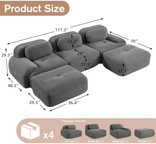 117" Corduroy Modern Sectional Couch, Boneless Couch, Compact sofa, Grey