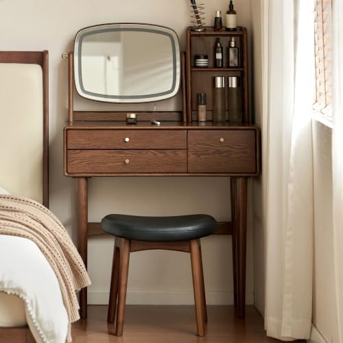 Solid Oak Makeup Vanity Desk with Adjustable LED Light Mirror