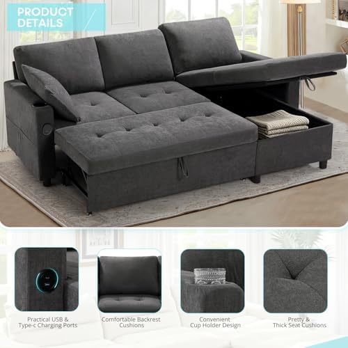 84" Sectional Pull Out Sofa Bed with Adjustable Backrests, Grey
