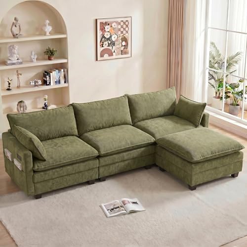 ZEIINPA L Shaped Modular Sectional Sofa with USB, 110.4" Comfy Upholstery Chenille Deep Seat Cloud Couch with Ottoman, Modern 4-Seat Couches for Living Room, Bedroom, Apartment, Green