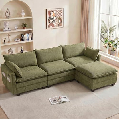 ZEIINPA L Shaped Modular Sectional Sofa with USB, 110.4" Comfy Upholstery Chenille Deep Seat Cloud Couch with Ottoman, Modern 4-Seat Couches for Living Room, Bedroom, Apartment, Green