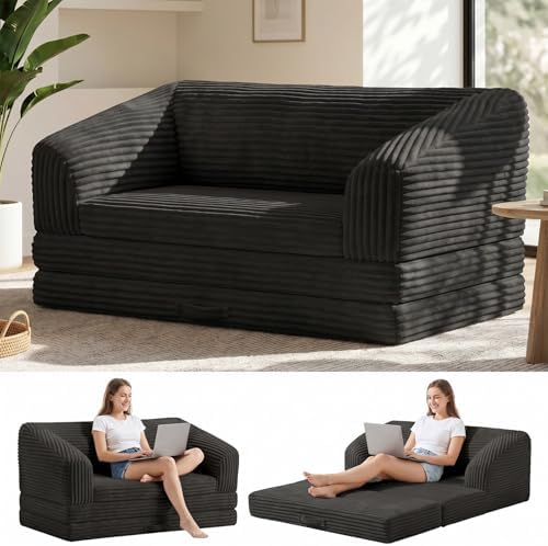 Convertible Boneless Loveseat Sleeper Sofa Bed, Folding Oversized Bean Bag Couch Bed, Comfy Sofa Chairs for Adults with Filling, 54'' Futon Couch Bed, Black