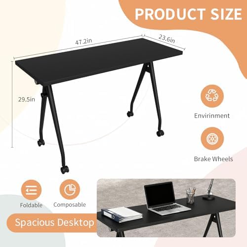 Folding Conference Table with Wheels, 8 Pack Modular Flip Top Conference Tables for Training Rooms, Mobile Modern Office Table, 47.2 Inch Large Conference Room Table, Black